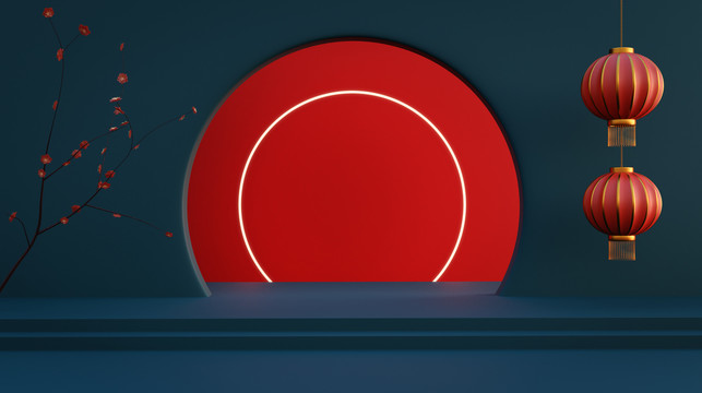 蓝红圆形阶梯灯条背景图