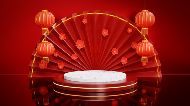 中国春节扇形灯笼海棠花场景图
