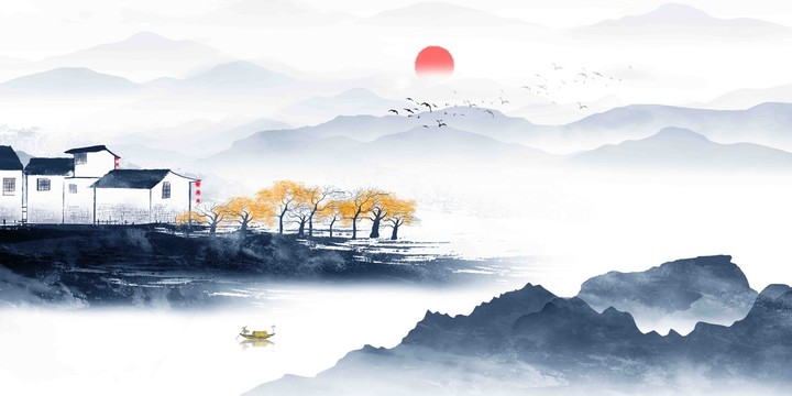 新中式藍(lán)色山水裝飾畫(huà)