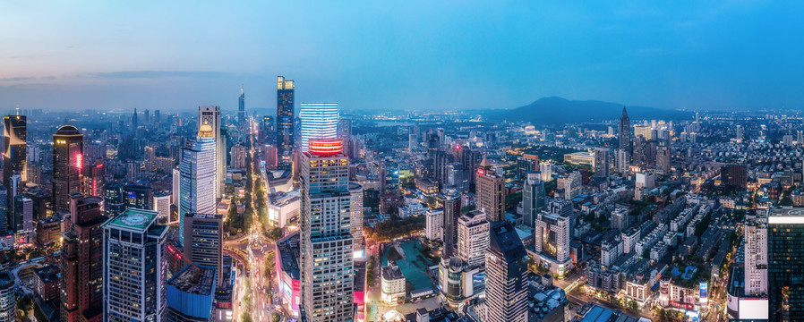 航拍南京城市建筑夜景全景