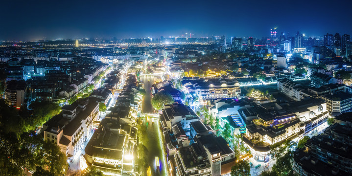 航拍南京秦淮河城市夜景