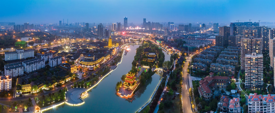 航拍江苏淮安城市夜色全景