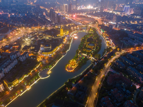 航拍江苏淮安城市天际线夜景