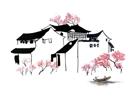 桃花盛開的江南