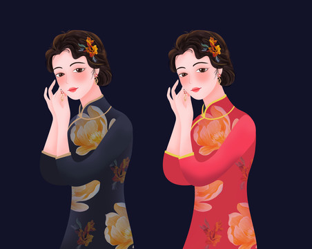 古典旗袍美女戴耳環(huán)插畫(huà)