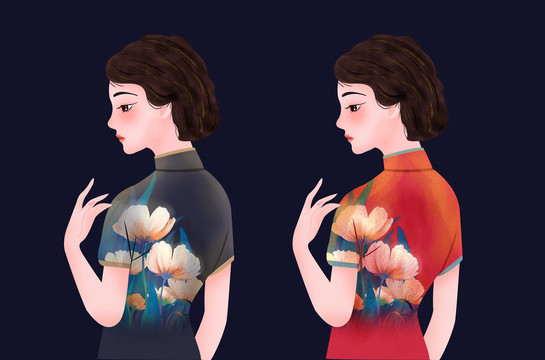 古典旗袍美女側(cè)面插畫(huà)