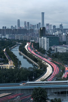 北京城市建筑东二环路交通夜景