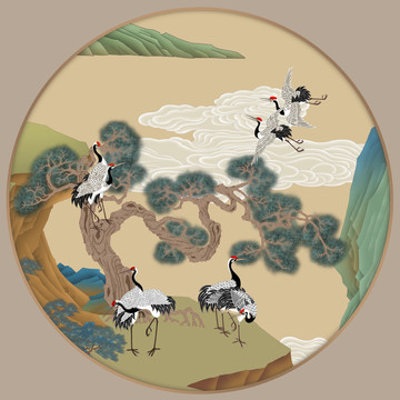 青綠山水瑞鶴圓形鏡心