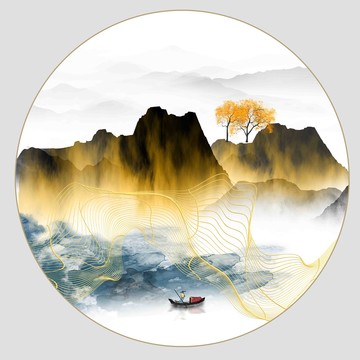 圓形金色抽象山水畫