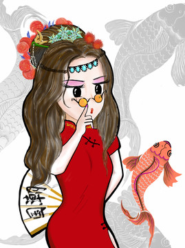 原創(chuàng)手繪卡通人物旗袍國潮女孩子