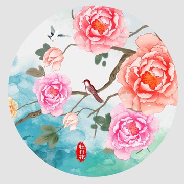 圓形牡丹花鳥(niǎo)插畫(huà)