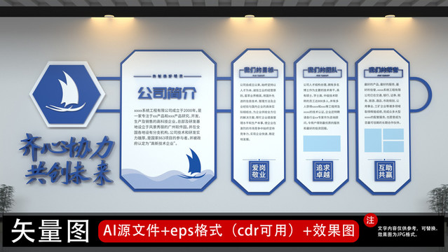 原創(chuàng)藍色立體帆船企業(yè)榮譽文化墻