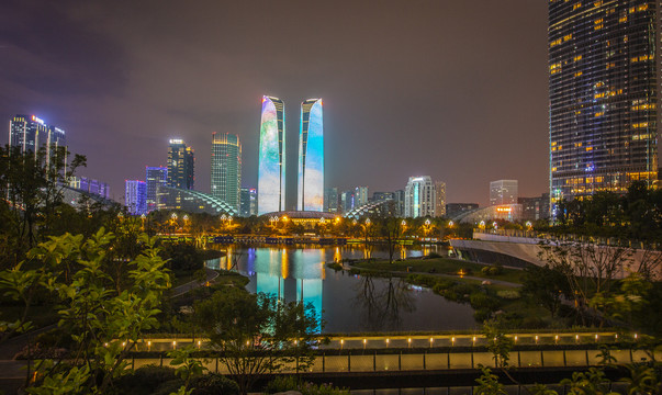 成都高新区金融城双子塔夜景