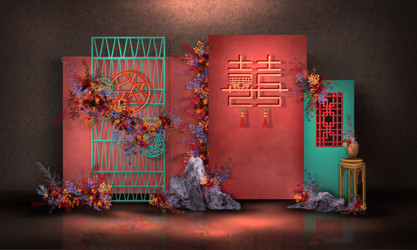 紅綠撞色新中式婚禮效果圖