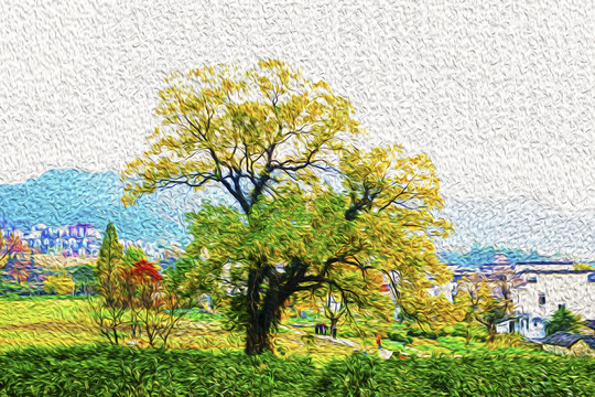 山村秋色油畫