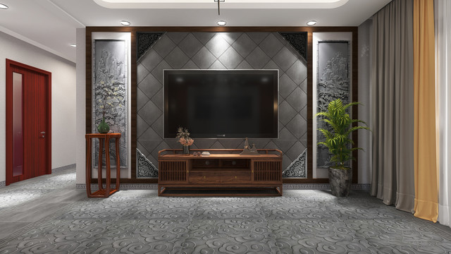 轻奢唐语新中式客厅砖雕效果图