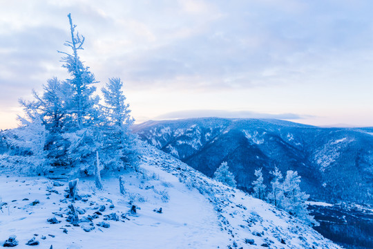 寒冬山顶雾凇雪山