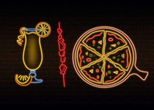 霓虹灯发光美食图标饮料披萨烤串