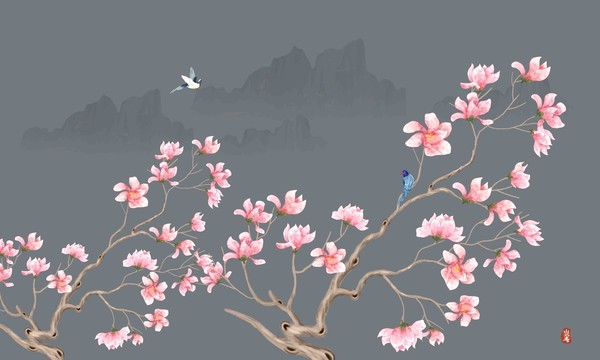 水彩玉蘭花花鳥畫