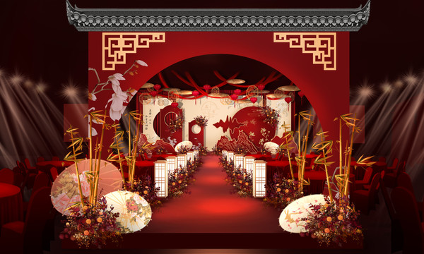 新中式红金香槟中国风婚礼效果图