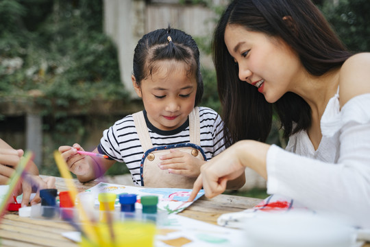 亚洲大姐帮小妹在户外的纸上画水彩。