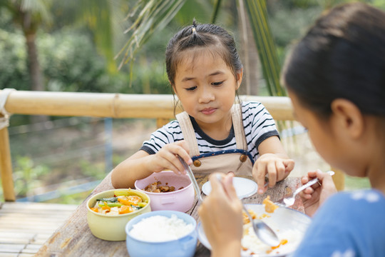 那个小女孩和家人在乡下农场吃饭。在大自然中进食。