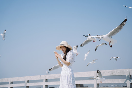 长发白衣白帽女子兴奋地用智能手机为迁徙季节的海鸥拍照。