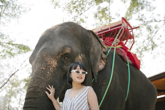 生态旅游——戴墨镜的美女抚摸和拥抱大象。