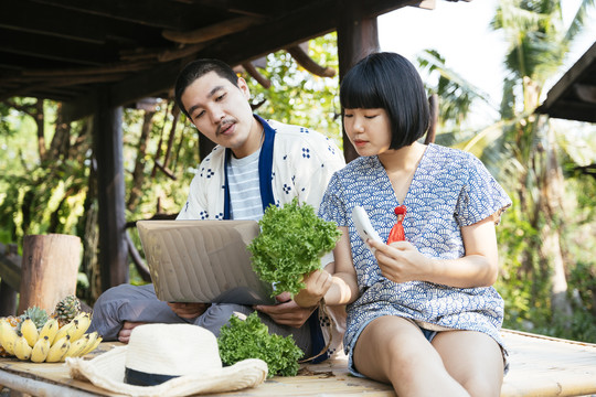 生态旅游——一对亚洲年轻商人在乡村用笔记本电脑卖当地农场的蔬菜。现代农民利用技术销售产品。