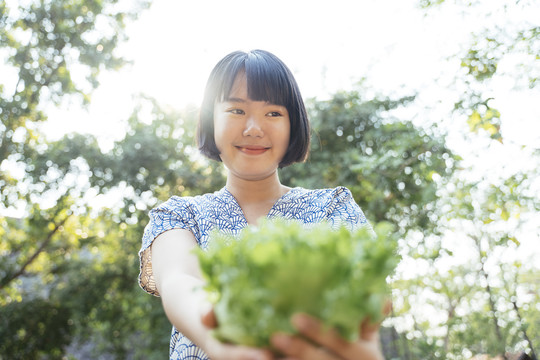 生态旅游-美丽的亚泰女子鲍勃发型手拿绿色新鲜蔬菜。蔬菜爱好者。健康食品。