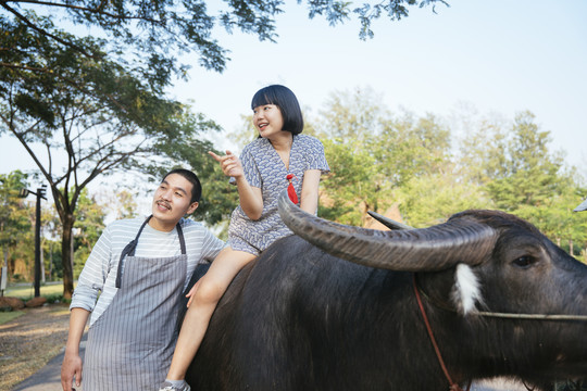 当地商务旅行者亚洲女人喜欢骑水牛。