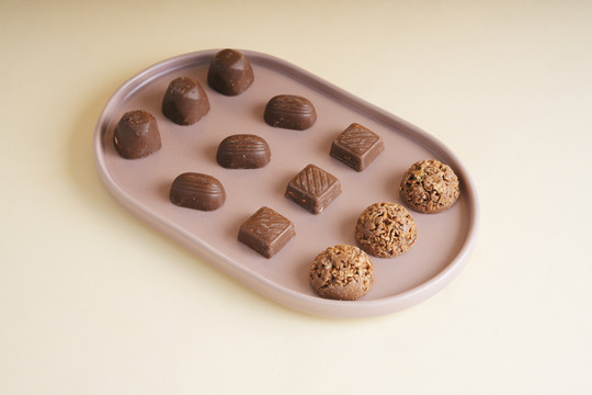 手工制作的巧克力波旁美味品种在一个盘子里。复制空间。