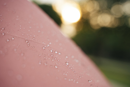 雨滴上一把红伞，雨滴上一把红伞，雨滴深浅上一把红伞，雨伞上一把红伞。户外自然。