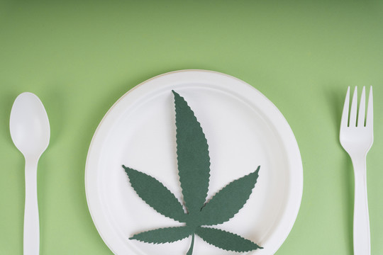 在绿色背景上的盘子上模拟白纸和绿色的大麻。复制空间。即食食物。