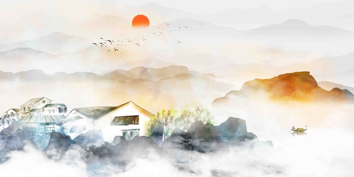 新中式山水電視背景墻