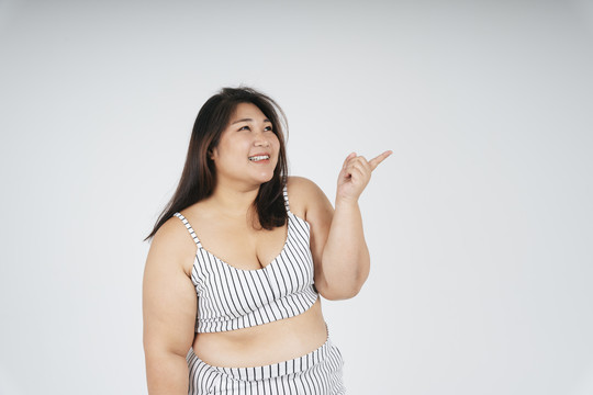 健康的亚洲胖女人指着白色背景上的产品的肖像。
