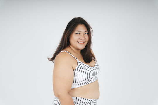 身着白色运动胸罩的快乐亚洲胖女人的肖像，背景为白色。