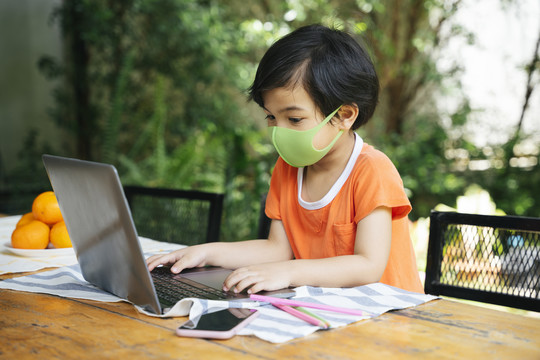 侧视图-亚洲小孩戴着口罩在院子里用笔记本电脑。在家学习。