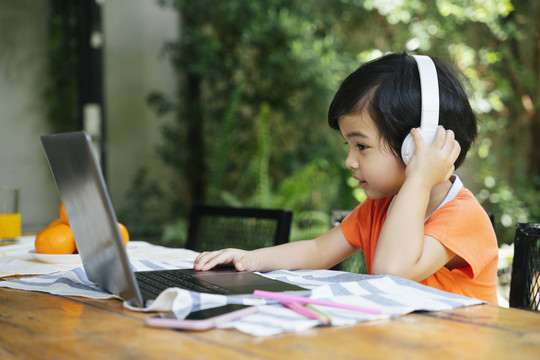 侧视图-亚洲小孩在户外院子里戴着耳机使用笔记本电脑。