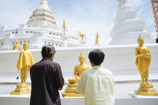 后视图-亚洲老年夫妇在泰国寺庙拜佛。