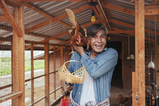 在养鸡场的房子里，亚洲的老年农民手里拿着新鲜的有机蛋篮。