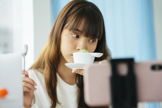 年轻的亚洲黑发女食品评论家在写评论之前检查泰国甜点。