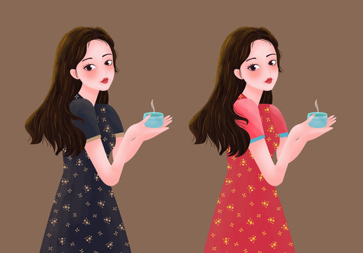 古典旗袍喝茶包裝插畫