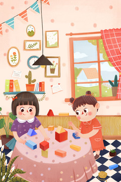 小女孩玩積木插畫