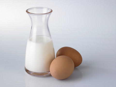 白色背景的牛奶和鸡蛋。
