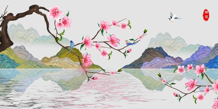 桃花山水插画