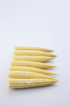 白色背景上的小玉米，特写