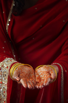 穿着红色纱丽的印度女人的腹部