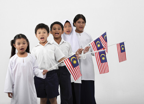 学生们手持马来西亚国旗站成一排
