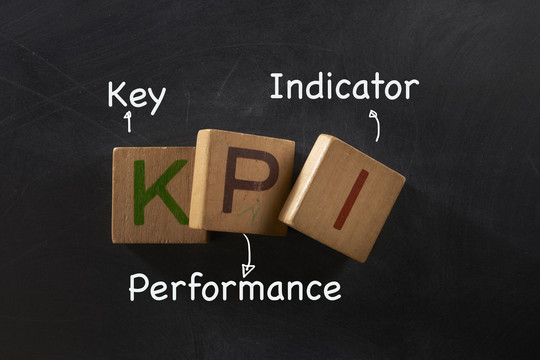 手绘关键绩效指标（kpi）概念，黑板上的业务战略。。